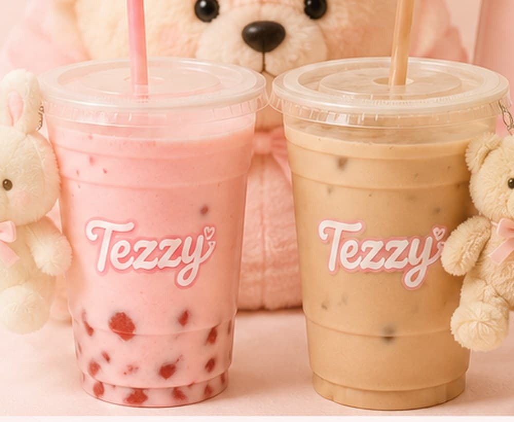 Two Tezzy drinks side by side, each with a plush friend clipped to the cup