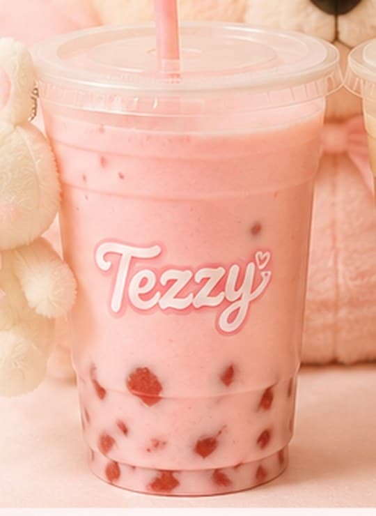 Close-up of the strawberry milkshake in a Tezzy cup with real strawberry pieces