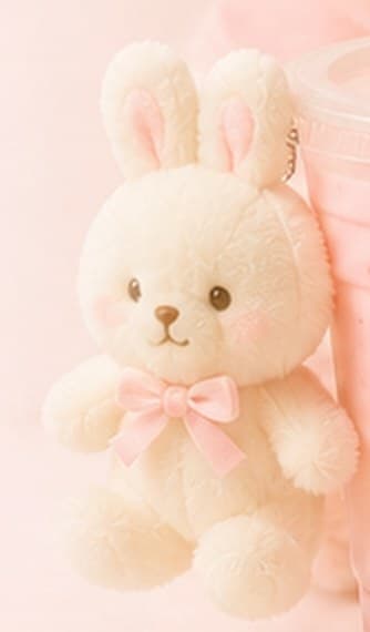 A cream plush bunny with a pink bow